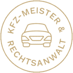 Plug-in-Hybrid Reichweite: Das Bild zeigt einen runden Aufkleber mit einem Auto in der Mitte und der Aufschrift "Kfz-Meister & Rechtsanwalt"